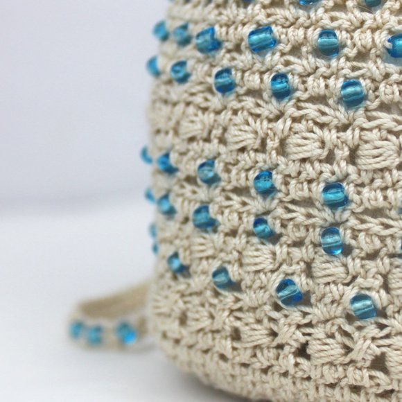 Blue Glass Beaded Cream Crochet Drawstring Pouch - Picture 3 of 9